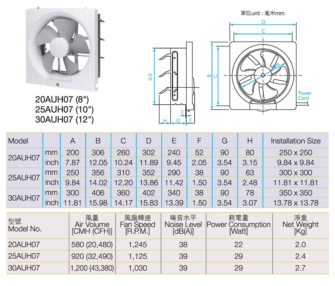 KDK 12吋掛牆式抽氣扇 12吋方抽 30AUH07