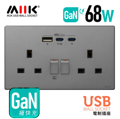 M2K GaN68W 碳灰 Type-C/USB 電制插座 (USB孖蘇)