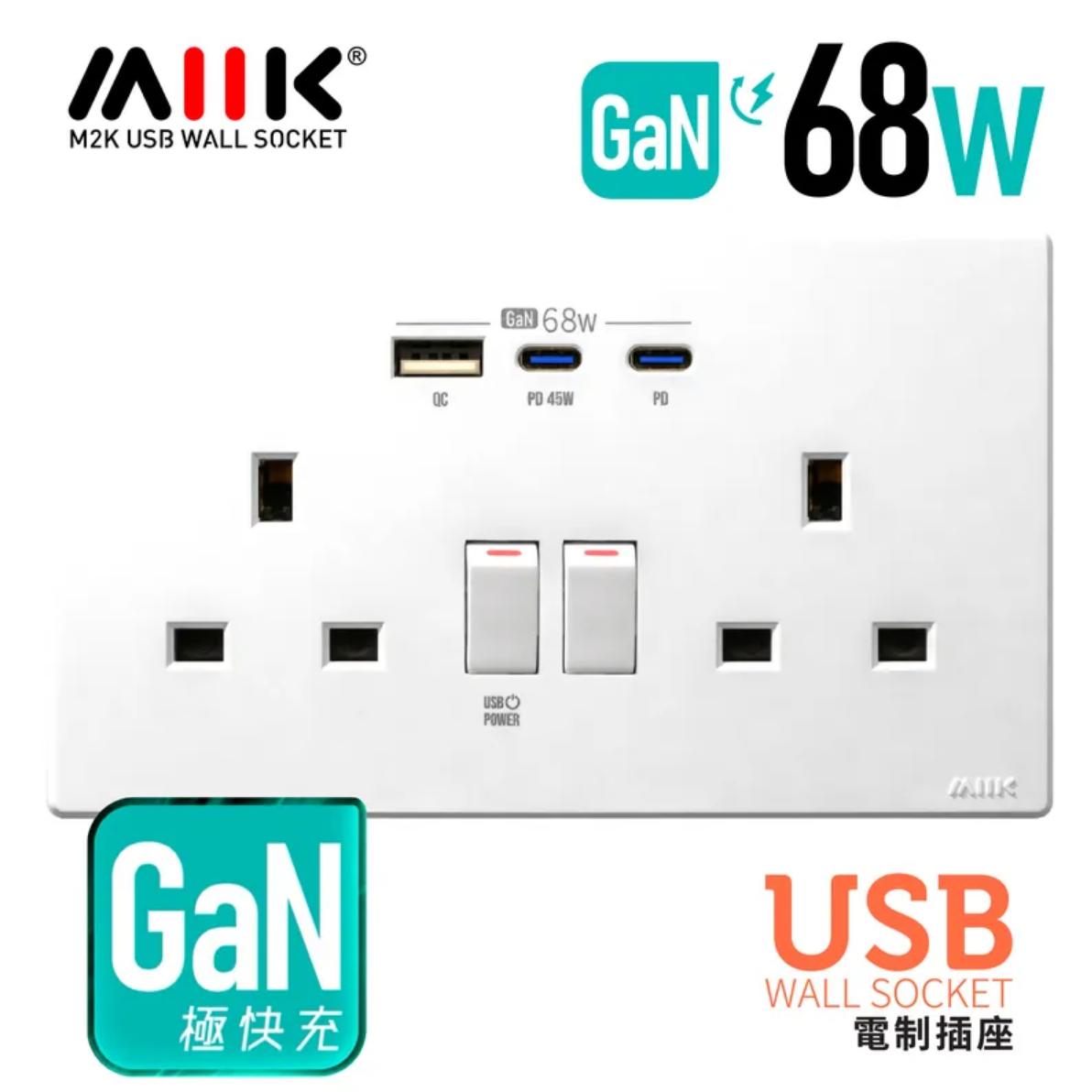 M2K GaN68W 白色 Type-C/USB 電制插座 (USB孖蘇)