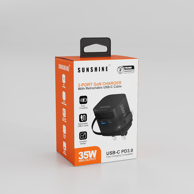 陽光 SUNSHINE 1C1A 35W GaN 氮化鎵插牆式快速充電器 附伸縮USB-C充電線 MPF-35BK/WH
