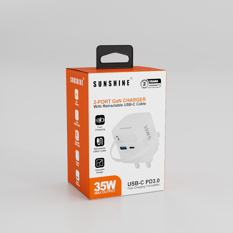陽光 SUNSHINE 1C1A 35W GaN 氮化鎵插牆式快速充電器 附伸縮USB-C充電線 MPF-35BK/WH
