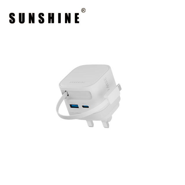 陽光 SUNSHINE 1C1A 35W GaN 氮化鎵插牆式快速充電器 附伸縮USB-C充電線 MPF-35BK/WH