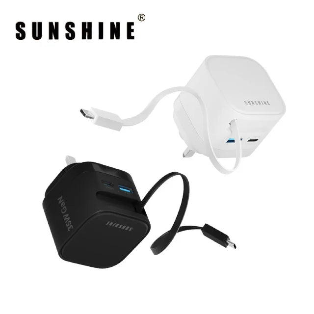 陽光 SUNSHINE 1C1A 35W GaN 氮化鎵插牆式快速充電器 附伸縮USB-C充電線 MPF-35BK/WH