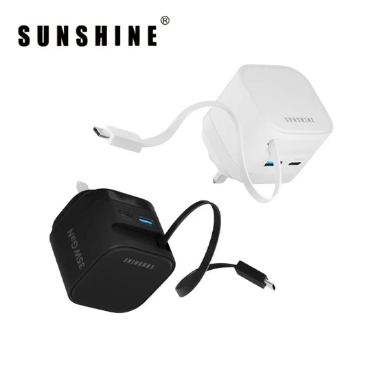 陽光 SUNSHINE 1C1A 35W GaN 氮化鎵插牆式快速充電器 附伸縮USB-C充電線 MPF-35BK/WH
