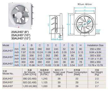 KDK 12吋掛牆式抽氣扇 12吋方抽 30AUH07